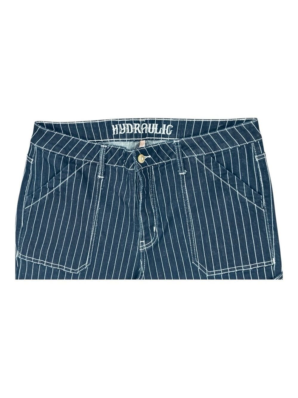 90s HYDRAULIC COTTON NAVY DENIM W WHITE PIN STRIPE & SASH WIDE LEG PANT SZ 16 - Picture 3 of 3